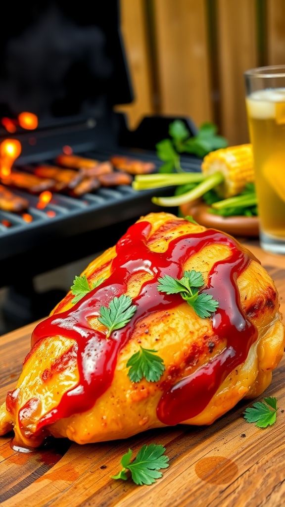 Grilled BBQ chicken thigh with sauce and parsley on a rustic table, surrounded by grilled corn and drinks.